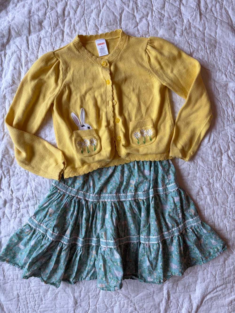 Mini Boden Yellow Cardigan with Blue Floral Skirt